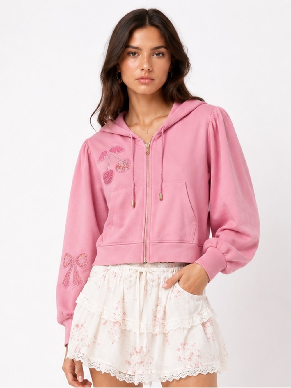 New! Love Shack Fancy Hasana Embroidered Cherries + Bow patches zip up hoodie🍒🎀